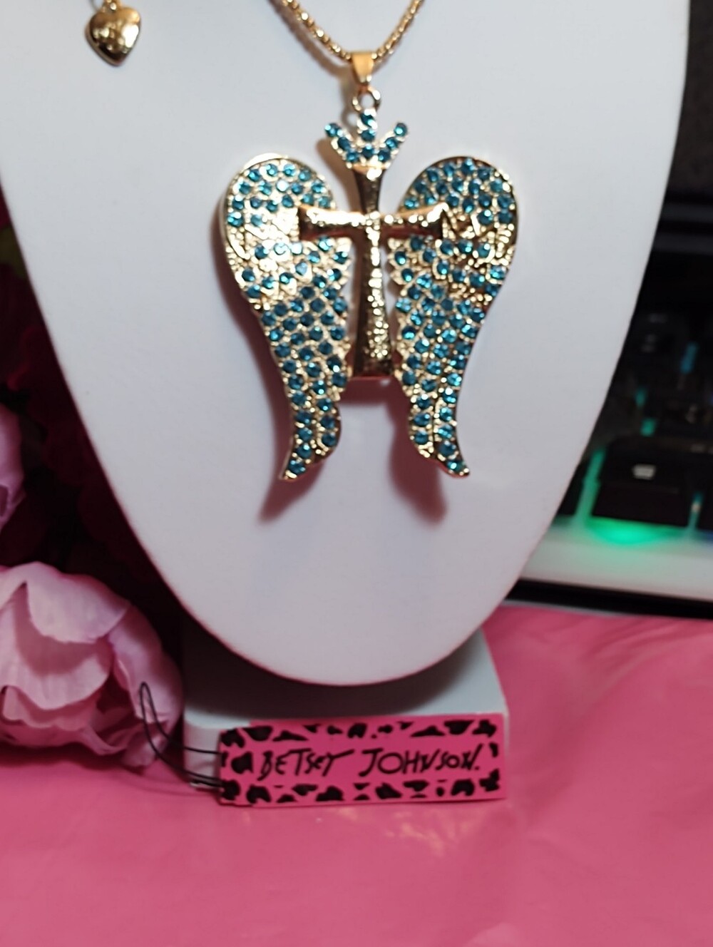 Betsey Johnson Gold-Tone Angel Wing Necklace with Blue Crystals